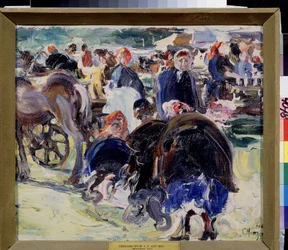 A Fair. Market Square in the Province with Peasant Women and Merchants. Painting by Semyon Gavrilovich Nikiforov