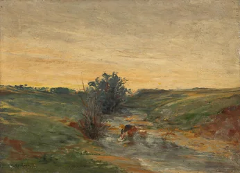 Washerwoman by the Stream at Sunset