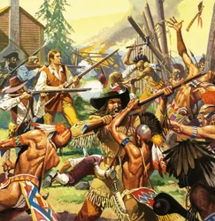 Daniel Boone defending a Kentucky homestead from attacking Indians