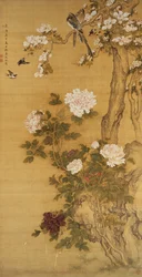 Peonies, Birds and Magnolia Tree, Hanging Scroll, Qing Dynasty