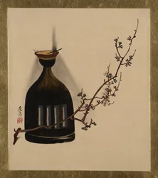 Lacquer Paintings of Various Subjects: Plum Branch with Oil Lamp, 1882