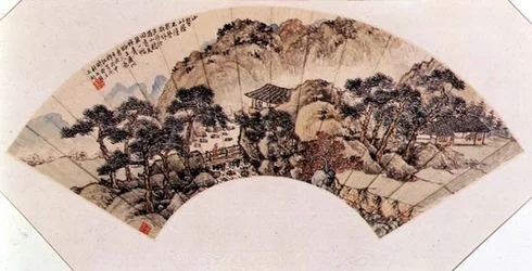 Small Bridge over Flowing Stream, folding fan mounted as an album leaf, Chinese