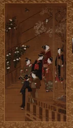 Seven women walking near a football court, Edo period