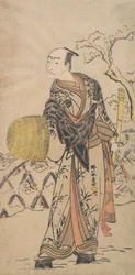 The First Nakamura Nakazo as a Komuso Standing in the Snow by a Fence