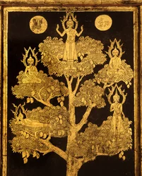 Back panel of a manuscript cabinet with Buddhist scenes, probably late Ayutthaya Period