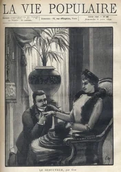 A man on his knees is holding the hand of an elegant woman, sitting in a bourgeois living room, wearing his coat, a sleeve and a fur scarf. Illustration for Le Seducteur by Gyp (Sibylle Gabrielle Marie Antoinette Riquetti de Mirabeau, Countess of Martel