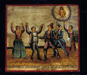 Ex-voto Sicilian: By miracle, Carabinier Lanza saves Count Magri on 24/05/1867. Representation of a brigandage: a robber attacks his pistol on the Magri couple while the carabinier surprises him from behind