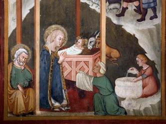 The Nativity (Fresco of the school of Siena, 14th century, Chapel of the Virgin, Monastery of Saint Benedetto)