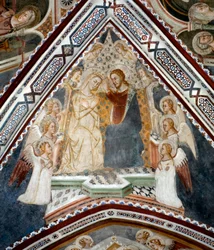 The Coronation of the Virgin. Fresco in the Chapel of the Virgin, executed by the Sienese school of the 14th century. Monastery of San Benedetto (Sacro Speco), Subiaco (Rome), Italy