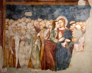 The Kiss of Judas. Fresco of the Sienese school. 14th century. Upper Church. Monastery of San Benedetto (Sacro Speco), Subiaco (Rome), Italy