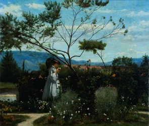 Among the flowers in the garden, by Silvestro Lega (1826-1895).