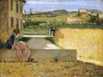 In shadow of villa, by Silvestro Lega (1826-1895), 34x46 cm