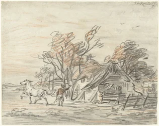 Farmhouse with a Farmer Training His Horse