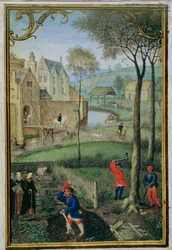 March: felling trees, from a Book of Hours, c.1540