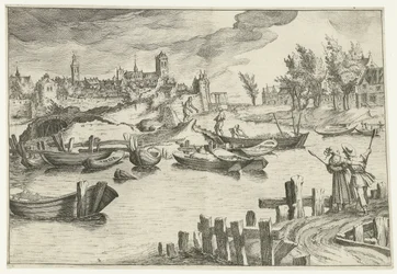 River landscape with a city in the background (Landscapes with figures series)