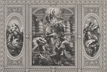 James I appointing Charles as King of Scotland at center, Minerva spearing Ignorance at right