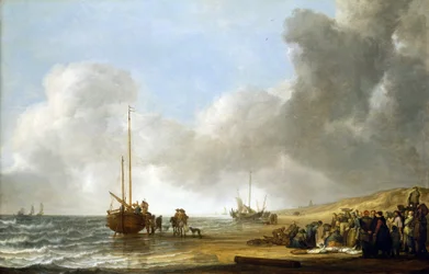 A scene on Scheveningen beach, the sea on the left and sand dunes on the right