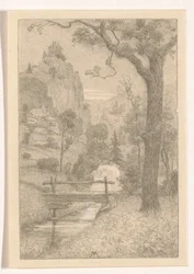 Mountain Landscape with Waterfall and Bridge