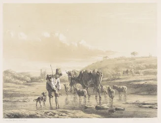 Shepherd Boy with Flock in Shallow Water
