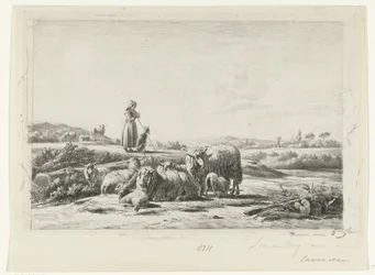Landscape with Shepherdess and Dog by Flock of Sheep
