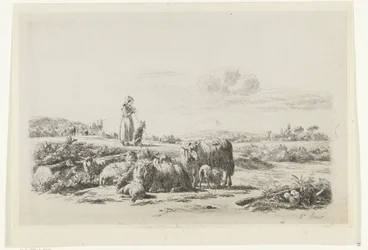 Landscape with Shepherdess and Dog by Flock of Sheep