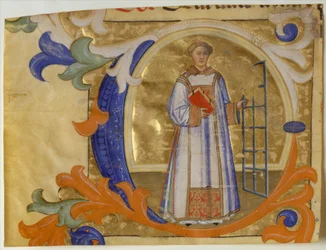Manuscript Illumination with Saint Lawrence in an Initial C, from a Gradual, ca. 1380-90.
