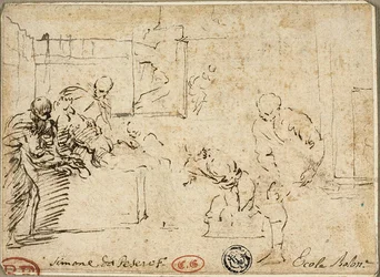 Interior with Male Nude Surrounded by Five Figures