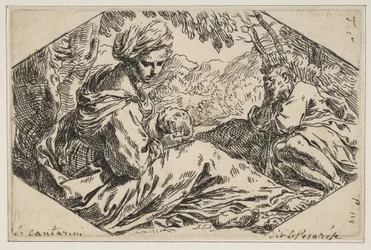 Repose in Egypt, Mary Holding and Looking at the Infant Christ while St. Joseph Stands