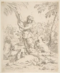 Repose in Egypt, Mary Nursing the Infant Christ while an Angel Pulls at Tree Branches