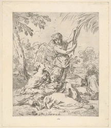 Repose in Egypt, Mary Nursing the Infant Christ While an Angel Pulls at Tree Branches
