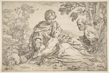 Rest on the Flight into Egypt, Mary holding the infant Christ with St. Joseph at right, ca. 1640