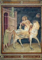 Saint Martin shares his coat with a beggar. Fresco, 1315. Lower Basilica of Saint Francis of Assisi, Chapel of Saint Martin. Sit down.