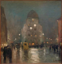 View of Stachus in Munich on a Foggy Winter Evening