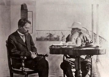 Leo Tolstoy and Anton Chekhov, Russian authors, 1902