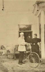 Russian author Leo Tolstoy with a bicycle, Russia, 1890s