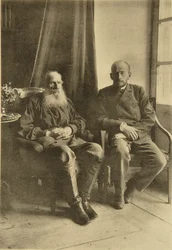 Russian author Leo Tolstoy with his son Leo, Russia, 1899