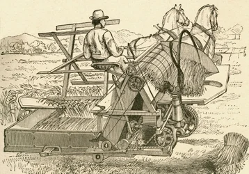 A harvesting machine, pulled by horses, which tied the sheaves of corn mechanically, used in the late 19th century. From El Museo Popular published Madrid