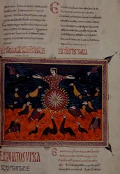 An angel standing in the sun, from the Beatus Apocalypse from Santo Domingo de Silos