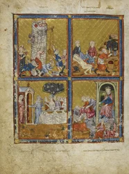 Scenes from Genesis: Building the Tower of Babel; Noah Cutting Grapes; Abraham and Sarah; Nimrod and Abraham, illustrations from 