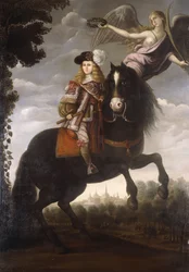 An Equestrian Portrait of King Charles II, Full Length, in a Red Coat with White Trim Being Crowned with a Laurel by an Angel, Madrid in the Distance