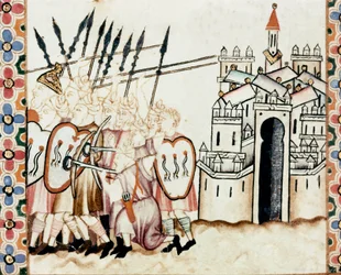 Army of the Moors defending a city. Detail of a page taken from a manuscript of the Songs of Saint Mary (Cantigas de Santa Maria), decorated with miniatures dedicated to Saint Mary and her miracles, a collection of songs composed under the reign of