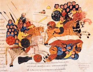 Battle between the Hebrews and the Philistines, from the Visigothic-Mozarabic Bible of St. Isidores, A.D. 960