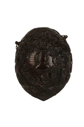 Carved coconut powder flask bugbear, Spanish Colonial, c.1800