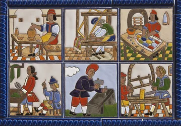 Ceramic Picture of 17th Century Trades Outside a Shop in Malaga