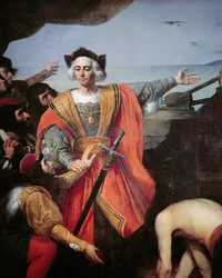 Christopher Columbus, on board his caravel, gestures to the island of Guanahani (San Salvador) on 12 October 1492 (detail)