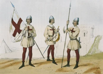 DE SOTTO, Serafin Maria, Earl of Clonard (1793 - 1862). Historia organica de las armas de Infanteria y Caballeria espanolas. 1851 - 1859. Infantrymen during the reign of the Catholic Monarchs of Spain. Standard-bearer, drummer and lancer of the 