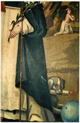Detail showing the lily, staff and dog with torch, attributions of St. Dominic