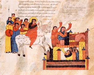 Entry of King David into Jerusalem to the sound of trumpets, from the Visigothic-Mozarabic Bible of St. Isidores, A.D. 960
