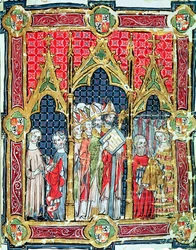 Fol. 13r: Coronation of the Kings of Aragon and Castile: Alfonso VII (1105-57) offering golden bread in the presence of the Archbishop of Toledo, from the Libro de los Testamentos