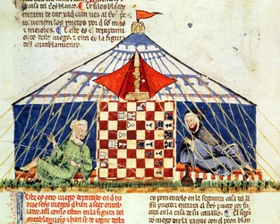 Two arabs playing chess in a tent, from the Book of Games, Chess, Dice and Boards, 1282